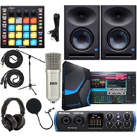 PreSonus Studio 24c 2x2 USB Type-C Audio MIDI Interface w ATOM MIDI Production Pad Controller and Eris Eris E7 XT Pair 2-Way Studio Monitors with EBM