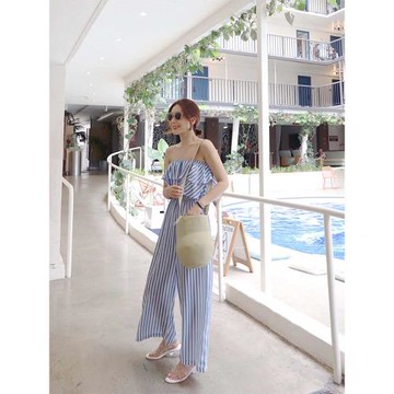 春夏小香風藍白條紋一字肩連體褲闊腿褲氣質高腰顯瘦荷葉邊連衣褲