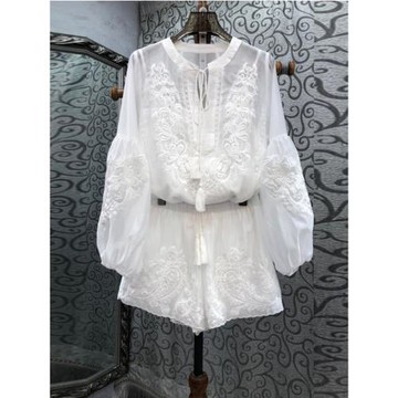 春夏穿搭一整套小香風白色蕾絲提花刺繡襯衫短褲兩件套裝女高級感