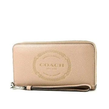 COACH 浮雕LOGO荔枝紋手掛式拉鍊長夾-奶茶色