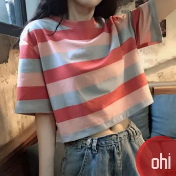 【ohi】寬鬆彩虹條紋短袖T恤 短款上衣 短袖上衣 顯瘦上衣 寬鬆上衣 女上衣 短袖t恤 女裝 GTWT66