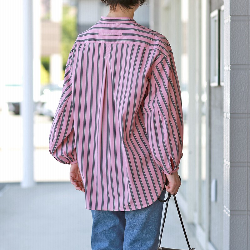 Y 様 美品 TICCA ティッカ バンドカラーストライプ コットンシャツ TICCA (ティッカ) ストライプ バンドカラー スクエアビッグ