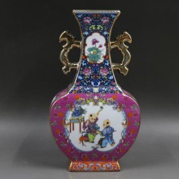 清乾隆琺瑯彩飄花嬰戲扁瓶家居復古擺件景德鎮瓷器收藏古董古玩