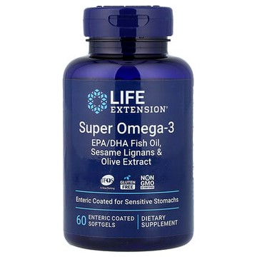 Life Extension, 超級歐米伽 3 EPA/DHA 魚油、芝麻木酚素和橄欖提取物，60 片腸溶包衣片