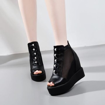 內增高坡跟厚底涼鞋女2024夏季新款高跟防水臺松糕底魚嘴網紗涼靴