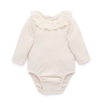 澳洲Purebaby有機棉嬰兒長袖包屁衣/新生兒 連身衣  米白荷葉領