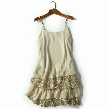 吊帶連衣裙新款甜美氣質法式復古小清新亮片蛋糕雪紡裙子外貿女裝