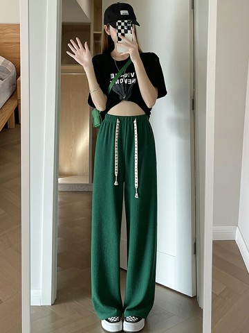 綠色泡芙褲女夏季薄款2022年新款高腰垂感寬松直筒褲小個子闊腿褲