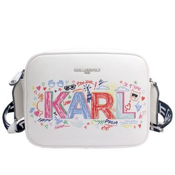 KARL LAGERFELD 卡爾KARL字母彩繪塗鴉防刮皮革相機斜背包(白)