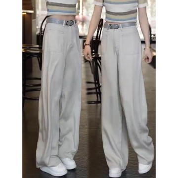 (免運)莫蘭迪灰窄版天絲牛仔褲女2025夏季薄款高腰垂感寬松直筒闊腿褲子