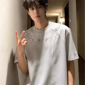夏季小眾結構柳釘設計墊肩短袖寬鬆T恤男cleanfit灰色重磅短袖t恤