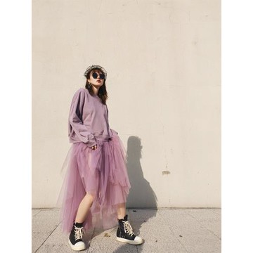 網紗半身裙中長款女高腰2024春夏新款不規則韓版a字紫色紗裙仙女