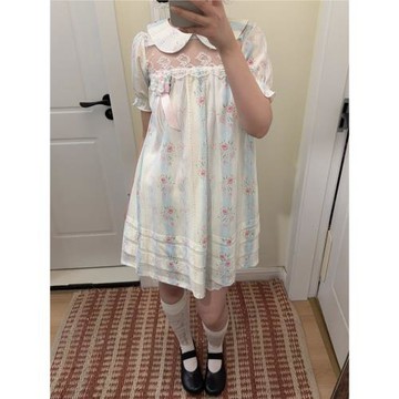 PlaceOrder 復古淡藍愛麗絲萊賽爾棉娃娃領杏色印花古董a字中長裙