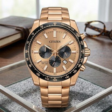 CITIZEN 星辰 Chronograph 紳男三眼計時手錶-玫瑰金x黑/44mm AN8236-52P