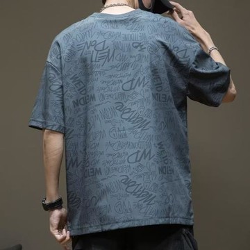 冰絲涼感短袖T恤男夏季新款涂鴉寬松五分袖速干透氣胖子大碼體恤