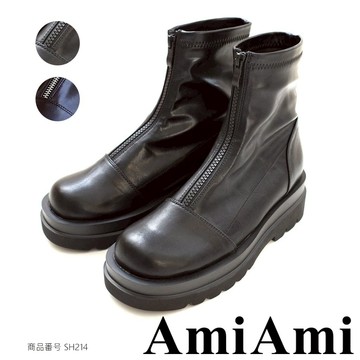 【AmiAmi】前拉鍊短靴 女鞋厚底靴 伸縮靴 前拉鍊軍靴 修飾腿型 輕量增高靴 時尚短靴 秋冬靴 SH214
