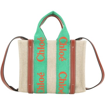 CHLOE 蔻依 Woody 小型 撞色刺繡字母織帶亞麻帆布手提/斜背托特包(綠色)
