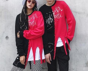 FINDSENSE Z1 韓國 時尚 潮 男女情侶穿搭 拼色 字母印花 下擺破碎  長袖T恤 衛衣 外套