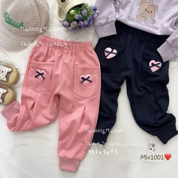 🌈✨mix1001磨毛🔥立體愛心🧡蝴蝶結🎀造型縮腳棉褲✨兒童車縫小口袋愛心休閒棉褲5-17