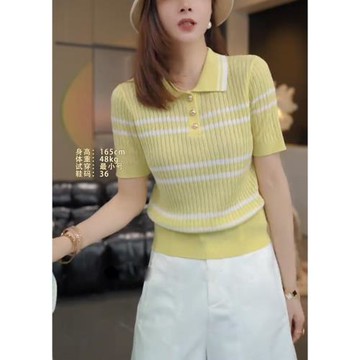 (免運)翻領黃色條紋短袖t恤女夏季2026新款冰絲針織衫爆款高級polo上衣