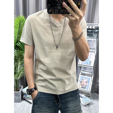 棉麻短袖t恤男V領青年修身薄款涼感麻料半袖純色體恤衫潮流五分袖