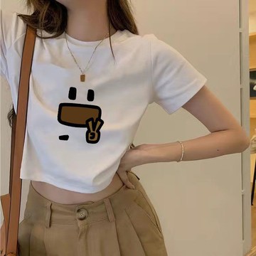 胖胖美依 短袖上衣 T恤 上衣 S-2XL夏季印花短袖t恤露臍短款辣妹修身白色正肩可愛上衣-7661.