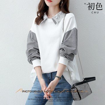初色  休閒拼接格子上衣-共3色-64569(M-2XL可選)