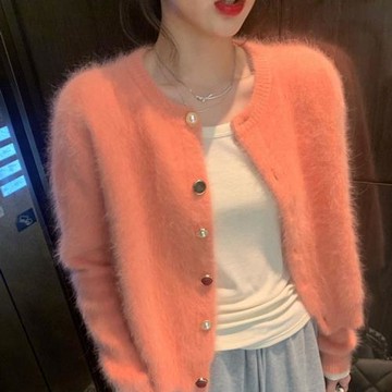 長毛水貂絨毛衣外套女2025新款寬松外穿慵懶風橘粉色短款針織開衫