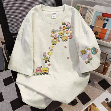 【全店免運 臺灣發貨】100%純棉卡通海綿寶寶印花短袖T恤圓領夏季寬鬆百搭休閒學生上衣