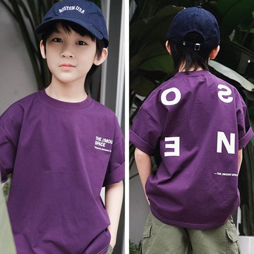 Y B S - 棉質圓領短袖上衣-簡約字母-紫色