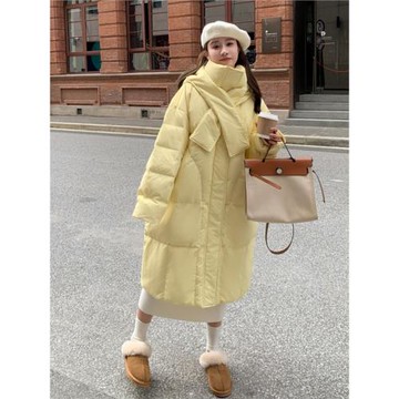MJAE黃色中長款羽絨服女冬季2025年新款連帽時尚寬松白鴨絨厚外套