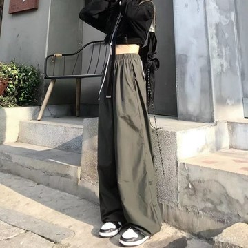 【限時特賣】長褲女 女生褲子 寬褲 運動褲 冰絲長褲 高腰褲 顯瘦長褲Ulzzang酷拽女孩 軍綠色慵懶風寬鬆闊腿束腳褲