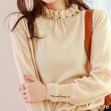 【MsMore】百麗木耳邊領羊毛絨感長袖針織花邊領毛衣短版上衣 # 113960(現貨+預購)