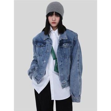 GIBBYCNA24復古小眾設計感金屬拼接墊肩短款牛仔外套寬松高級夾克