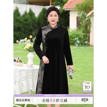 胖媽媽新中式國風連衣裙洋氣絲絨高貴拼接款中老年女裝高檔中長裙