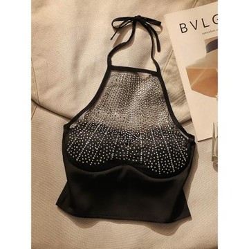 絕美純欲掛脖吊帶背心帶胸墊薄紗性感閃閃鑲鉆內搭辣妹打底上衣女