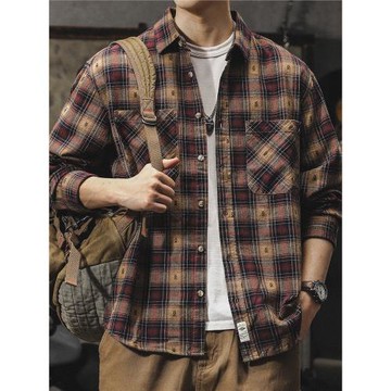 美式復古格子長袖襯衫男高級感重磅寬松春季2025新款休閑襯衣外套