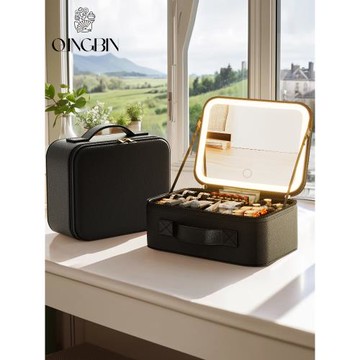 高級LED帶鏡子旅行化妝包女便攜式大容量化妝刷箱手提分區美妝包