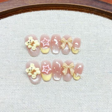 Yuki Nail【油黃小熊】純手工穿戴甲高階粉色貓眼卡通小熊可愛顯白可拆美甲