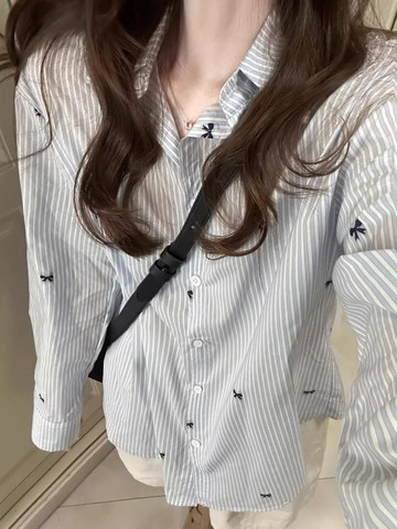 藍色簡約 條紋印花 長袖 韓版 襯衫 外套女 秋冬新款 設計感 小眾 寬鬆 日常百搭 襯衣上衣女
