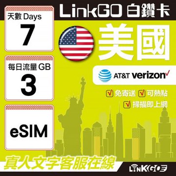 LinkGO白鑽卡 美國 eSIM卡 7天上網卡 每日3GB  高速流量(美國網卡 舊金山 洛杉磯 紐約 西雅圖)