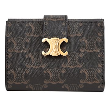 CELINE NINO Triomphe Canvas 細搭帶扣式三折短夾.深咖