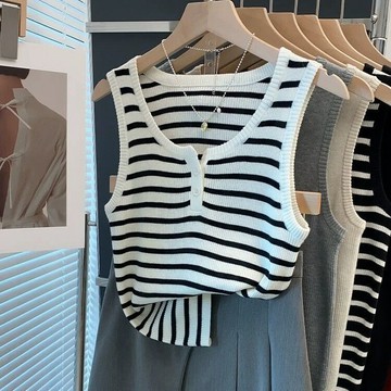 L-5XL 大尺碼女裝冰絲條紋吊帶背心內搭外穿夏季胖m遮肚時尚無袖上衣