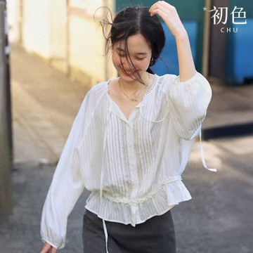 初色 法式純色蕾絲壓褶綁帶V領長袖襯衫上衣女上衣-白色-15526(M-2XL可選)