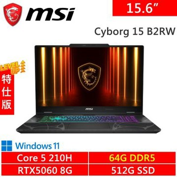 MSI微星 Cyborg 15 B2RWFKG-891TW-SP9 15.6吋 黑(Intel Core 5 210H/64G/512G PCIE/RTX5060 8G/W11)特仕版
