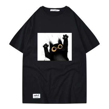 總統鯊 潮牌可愛炸毛小黑貓咪t恤短袖男女情侶裝寬松重磅純棉體恤