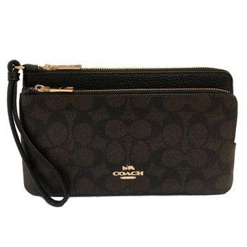 COACH 新款C LOGO雙層大手拿包/零錢包(大款-小C深咖)