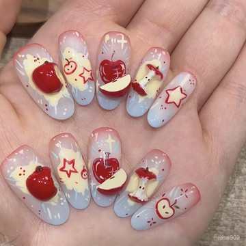 😍加一出品😍純手工新款穿戴手繪蘋果顯白可愛立體美甲短款手工可拆卸ins精緻穿戴甲 FYNF