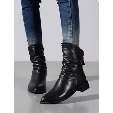 施鉑薇2025秋冬真皮短靴女平底尖頭舒適粗跟馬丁靴英倫風時尚倒靴