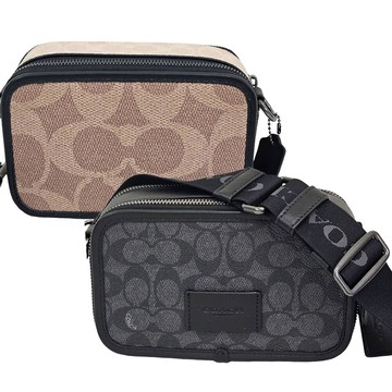 COACH新款隱藏LOGO WYATT 男款 雙層相機包側背包/老花黑灰/滿版老花奶茶